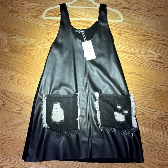 NWT. Woman’s Zara faux leather dress with black Denim front pockets. Size S. - Picture 3 of 7